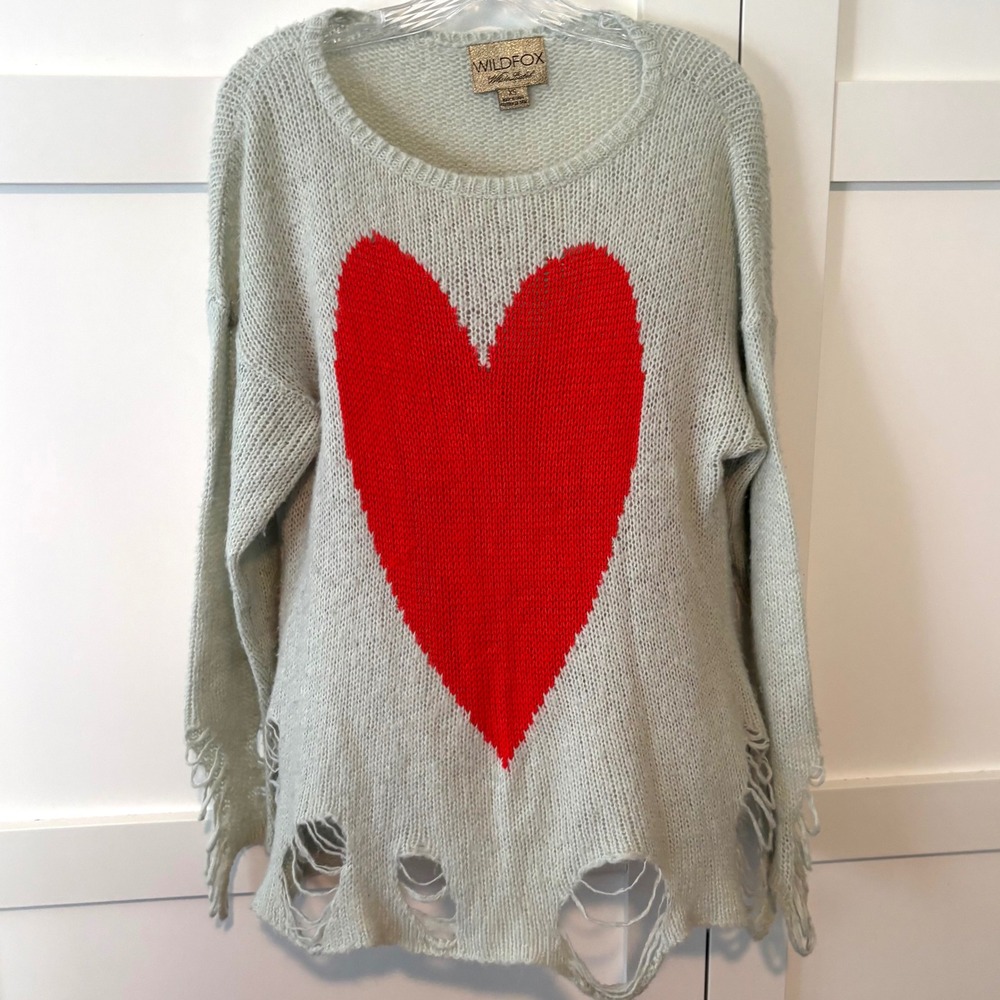 Wildfox Couture Grey Distressed‎ Heart Sweater